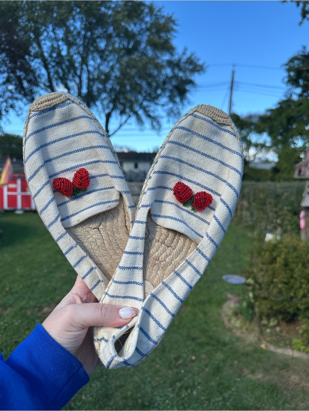 Soludos Cream and Navy Striped Espadrilles with Beaded Strawberry Appliqués